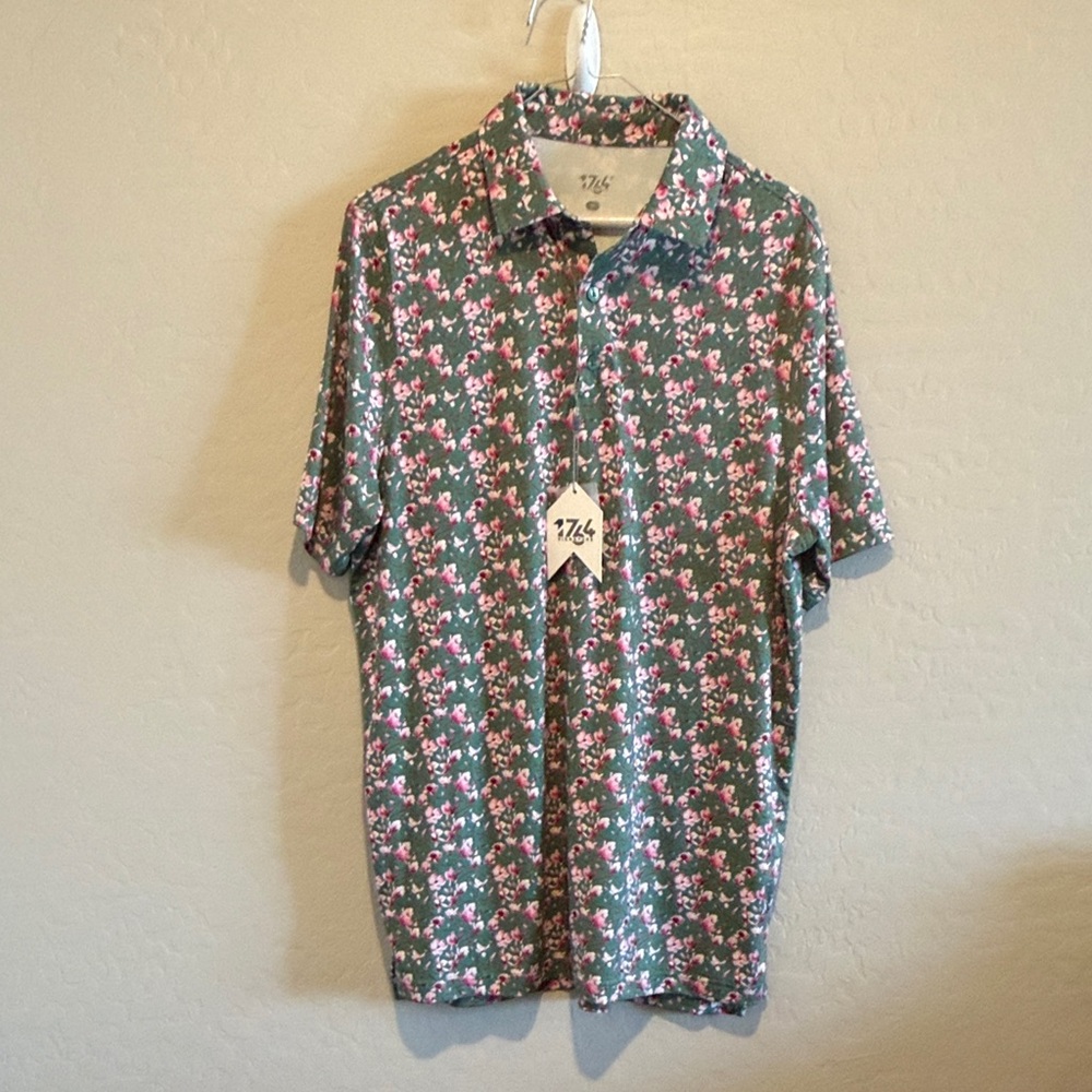 1744 Men's Green Polo with Pink Floral Print